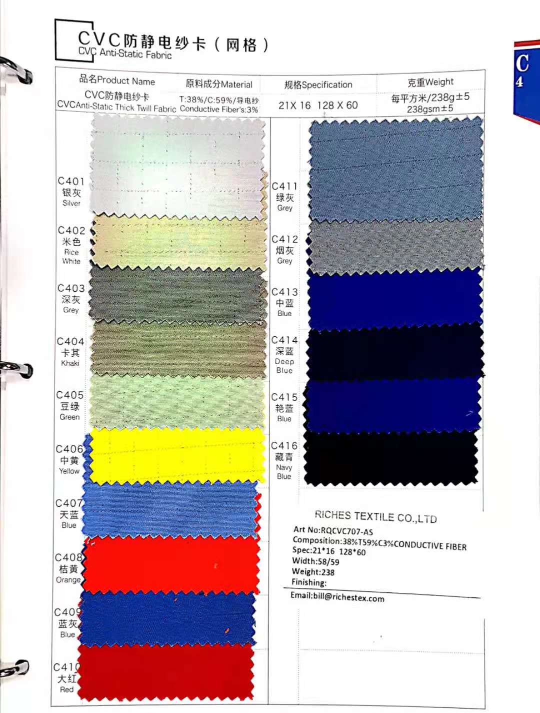 CVC全棉防静电细纱卡21*16面料